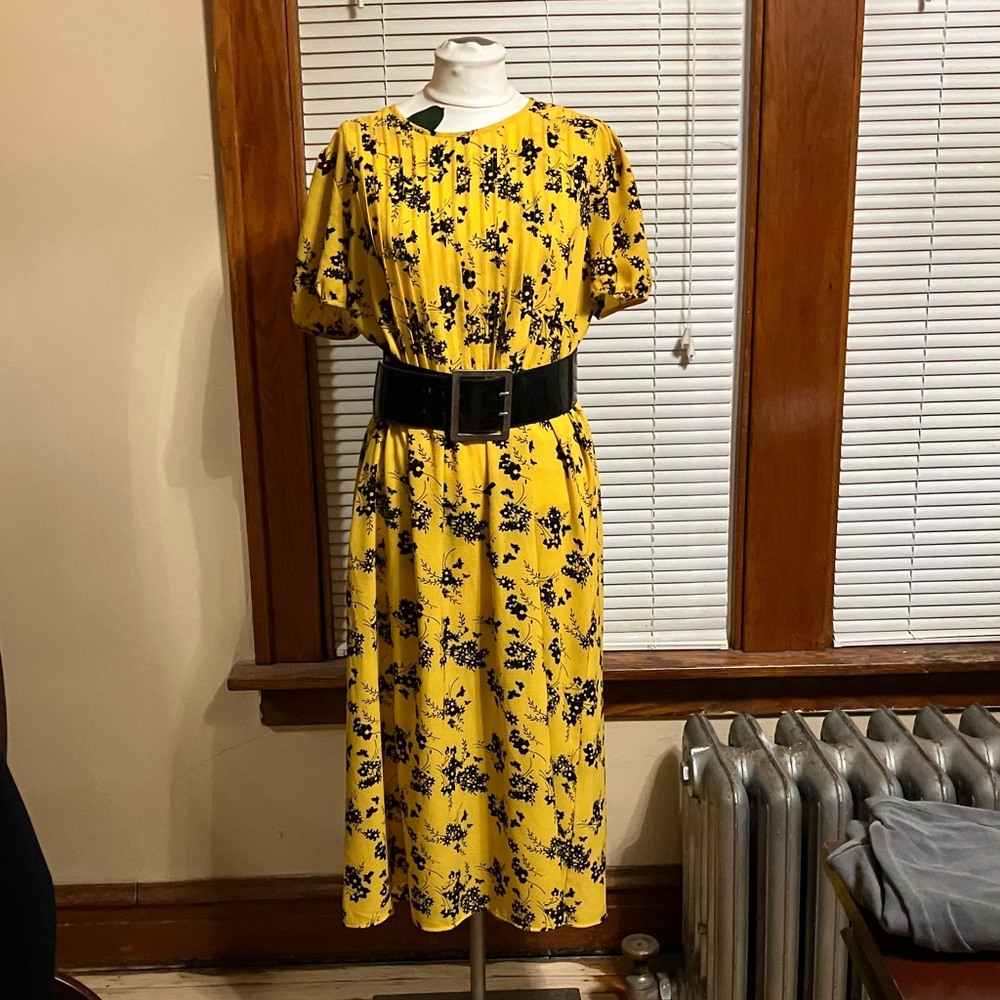 Michael Kors Yellow Floral Midi Dress with Black Belt